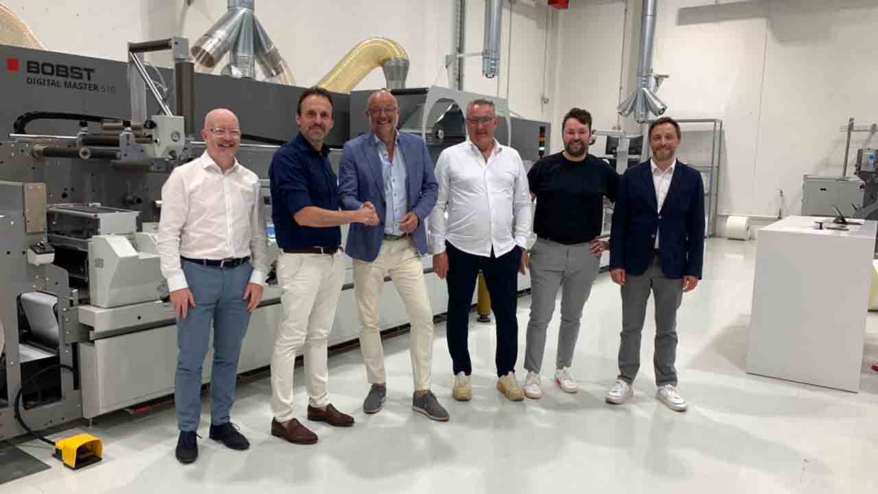 (L-R) Nigel Tracey, Bobst NMW technology sales director; Matteo Cardinotti, Bobst NMW PL head; Armand van Huut, Geostick CEO; Cees Schouten, Geostick chief operating officer; Tommy Schouten Geostick production manager; Koen Vlieghe, Bobst zone business director labels