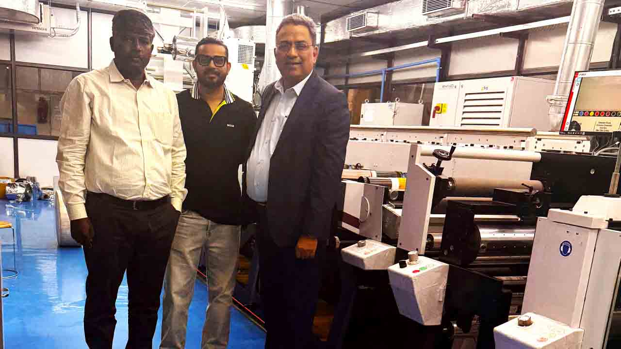 (L-R) G Perumaran Nadar, service manager (West), FIG Sahil Chopra, director, MBR Flexibles and Gourav Roy, managing director, FIG at MBR Flexibles’ unit where the Mark Andy presses are installed.