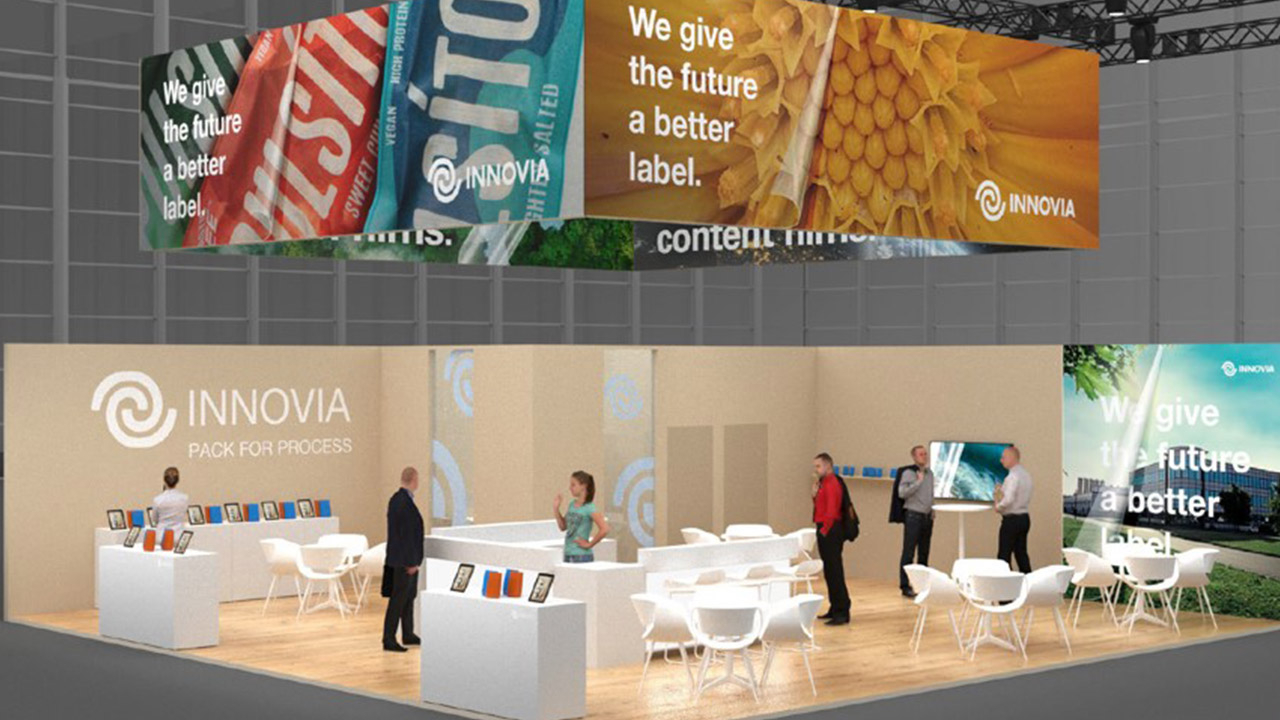 A graphic showcasing the Innovia booth at Labelexpo