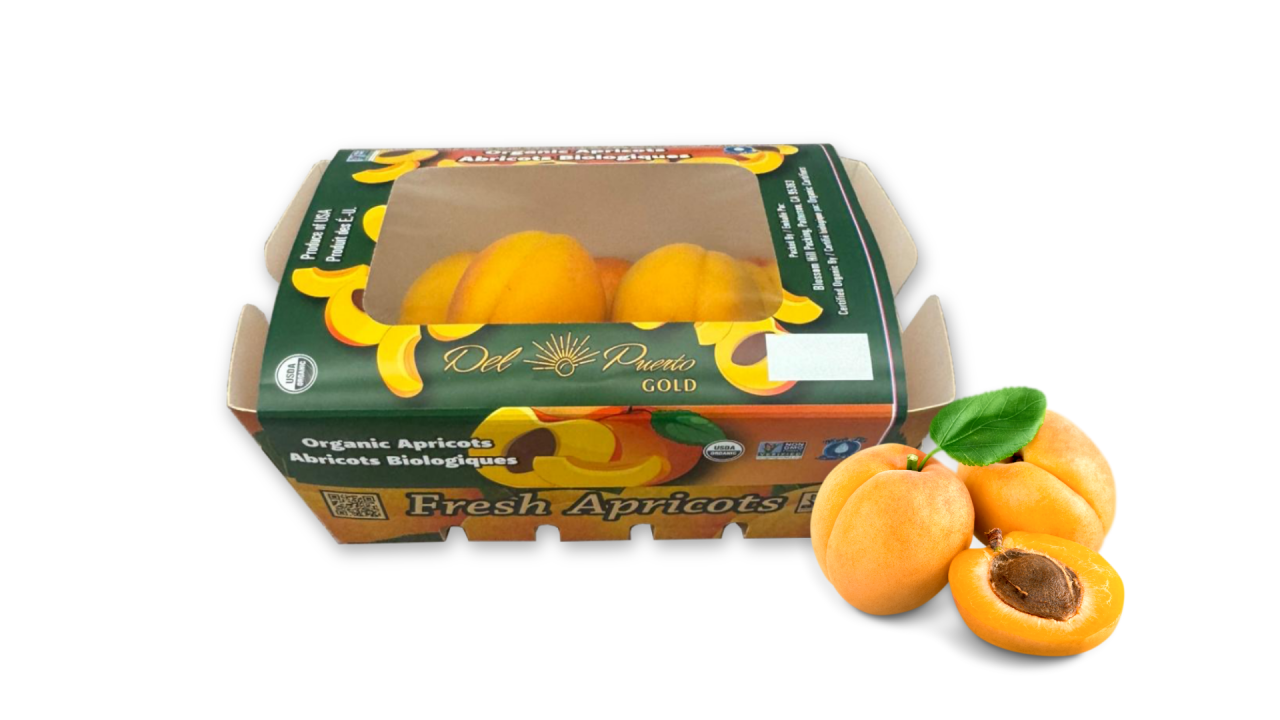 Apricots in a fiber tray with a linerless lid