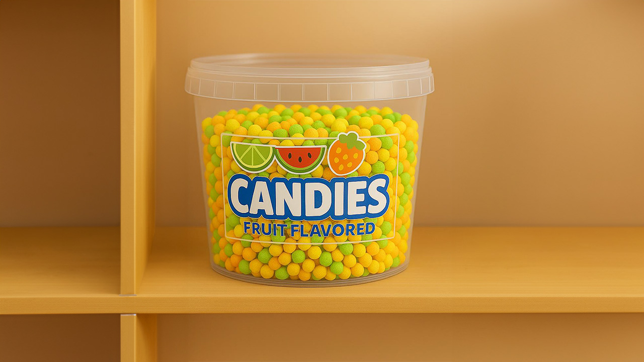 in-mold label on a container of candies