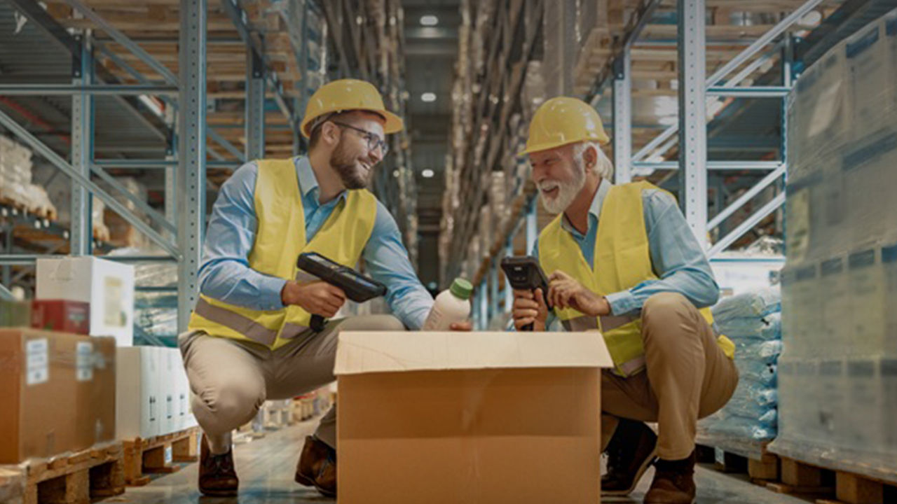 Two warehouse workers scan labels