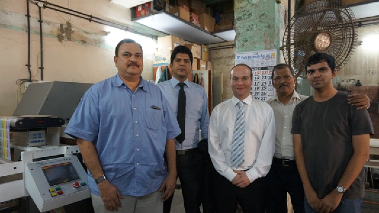 L to R: P J Jayakar, managing director, Hyden Packaging; Pradeep Saroha and Tim Gordon from Tarsus, Sudhir Samant, industry consultant at the production floor of Hyden Packaging in Mumbai