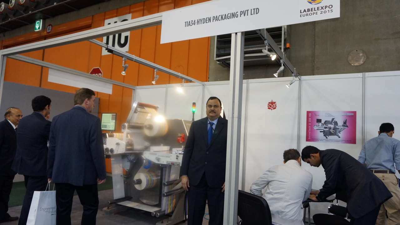 P J Jayakar, managing director, Hyden Packaging with the Servo Tech U350 HS slitter rewinder at Labelexpo Europe 2015