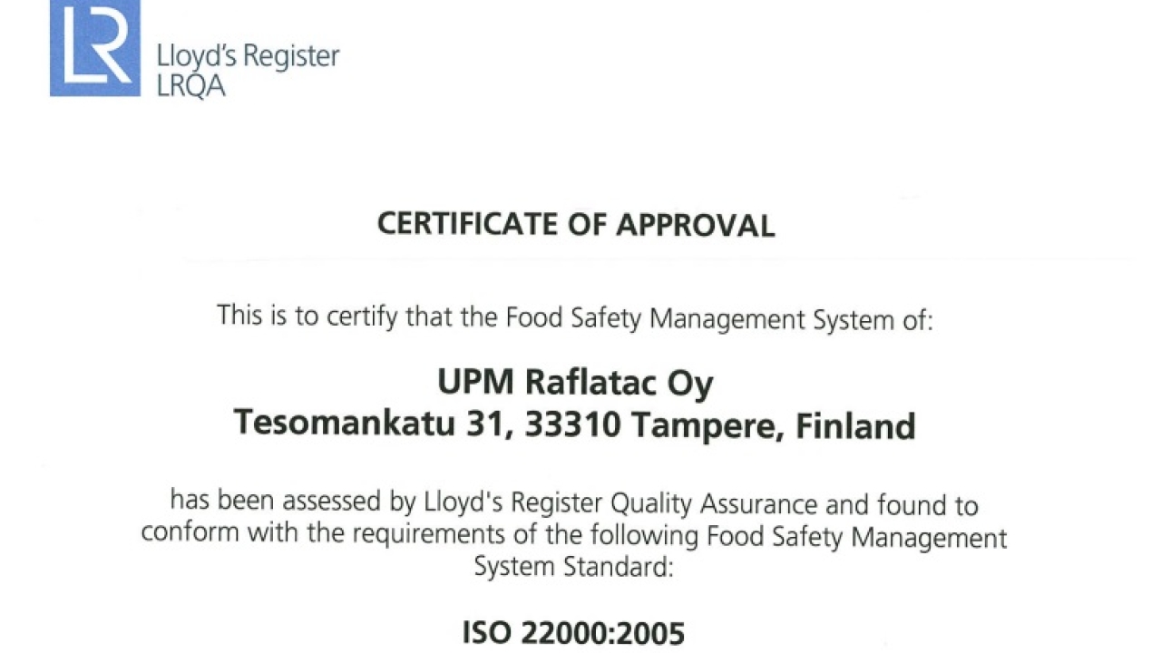 UPM Raflatac has been awarded ISO 22000:2005 food safety certification for its factory in Tampere, Finland
