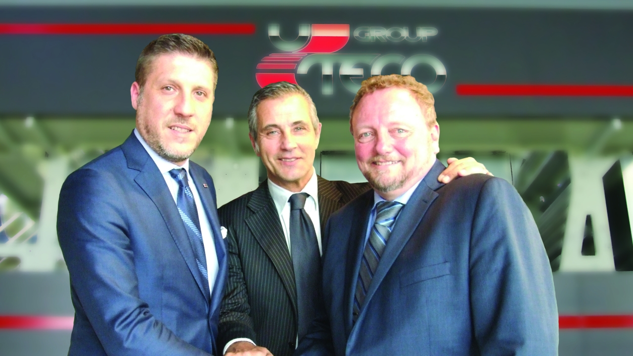 Pictured (from left): Andrea Caselli, Southern Europe sales manager and product marketing coordinator, Uteco; Paolo Nascimbeni, Air Motion Systems European sales executive for narrow web flexo; Andy Ross, vice president of worldwide service, Air Motion Systems