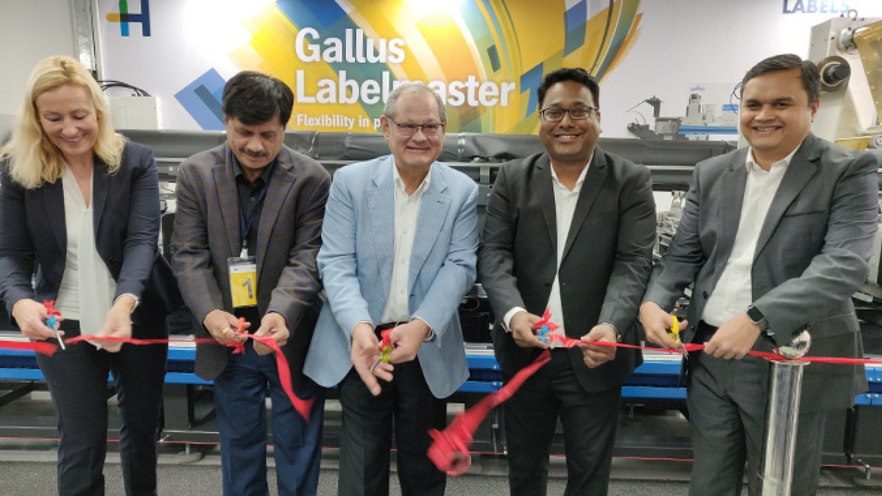 Ferdinand Rüesch, senior vice president, global key accounts, Gallus (center),  and Samir Patkar, president of Heidelberg India (second from right),  inaugurate the installation of Gallus Labelmaster 440 at ADIKC in Pune