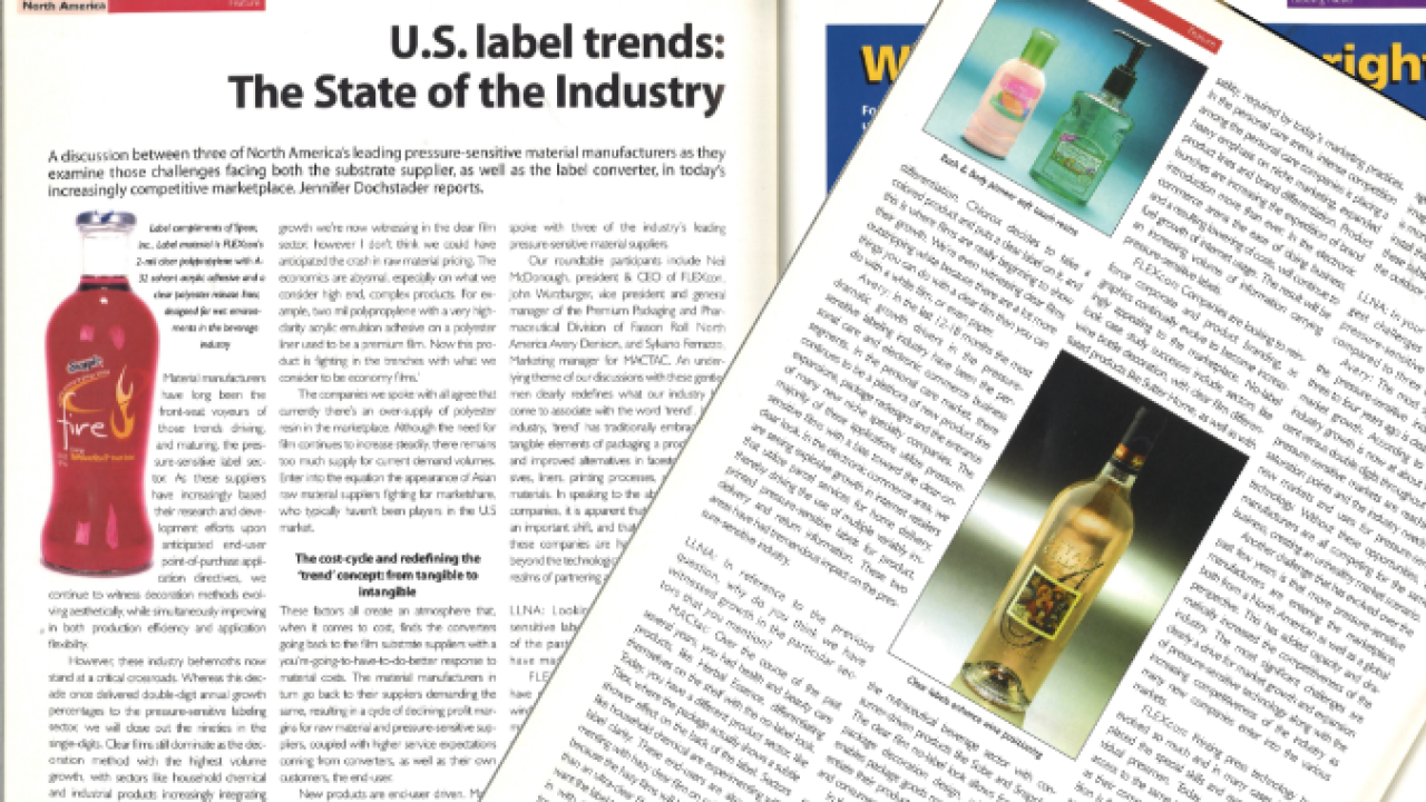 In this article from 1999, Jennifer Dochstader reported on a discussion between three of North America’s leading pressure-sensitive material manufacturers as they examined challenges facing both the substrate supplier, as well as the label converter, in an increasingly competitive marketplace In this article from 1999, Jennifer Dochstader reported on a discussion between three of North America’s leading pressure-sensitive material manufacturers as they examined challenges facing both the substrate supplier, as well as the label converter, in an increasingly competitive marketplace