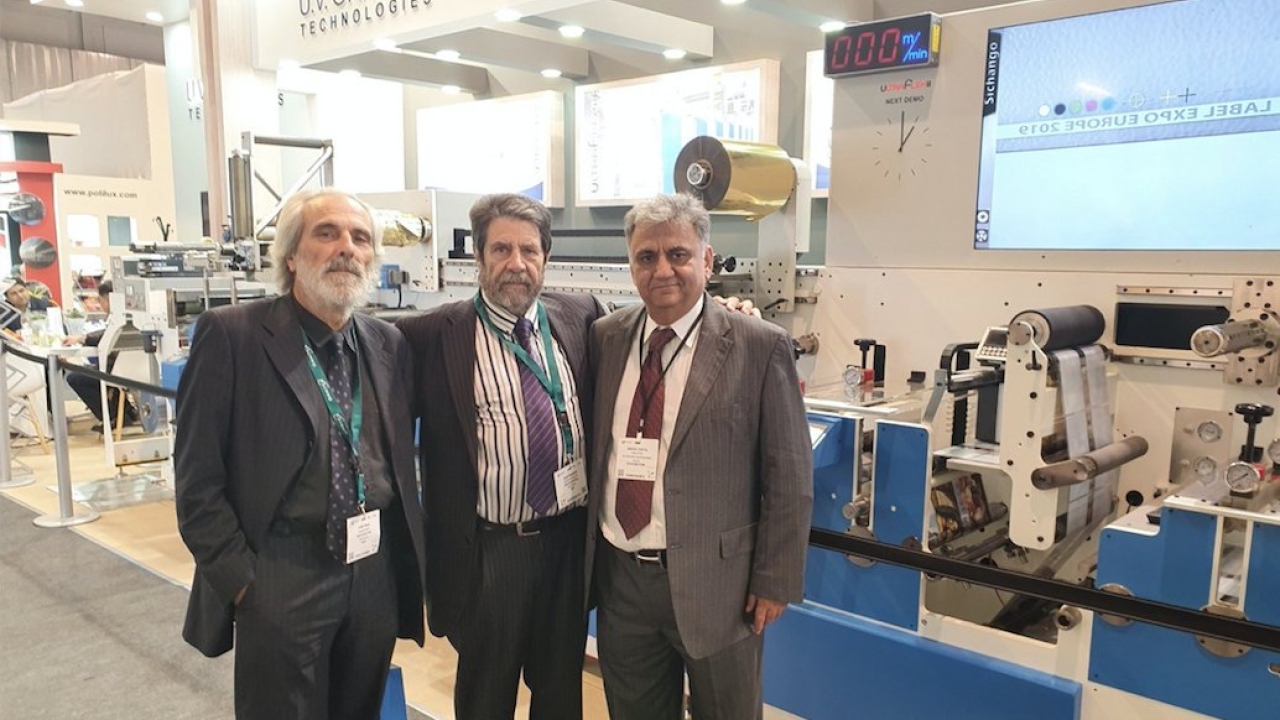 Abhay Datta (right) at Labelexpo Europe 2019, where UV Graphic sold seven presses