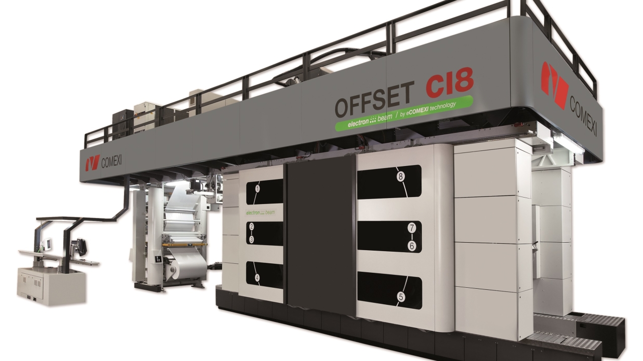 Comexi described its Offset CI8 platform as ‘central impression offset variable repeat printing technology’ that combines the advantages of both offset variable lengths and flexo central impression drum printing in one single press for flexible packaging and labels