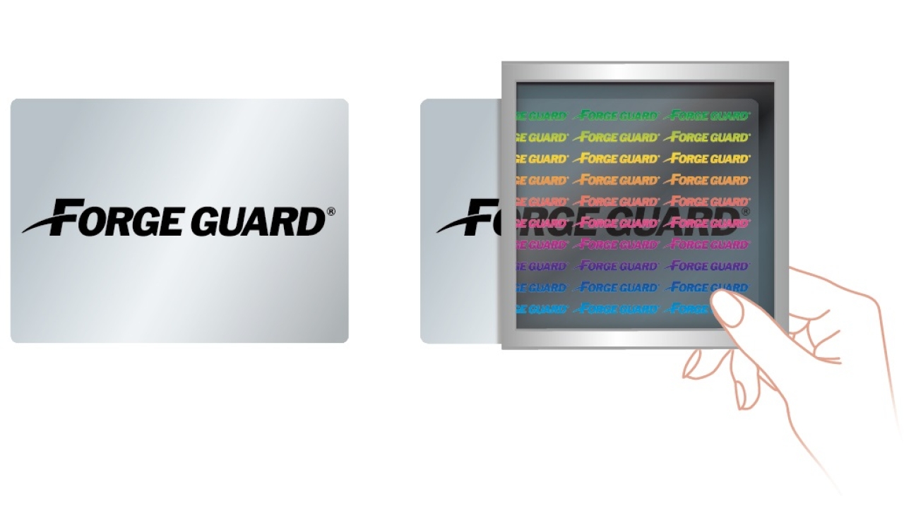 Forge Guard security label with full-color hidden imaged designed to combat counterfeiting Forge Guard security label with full-color hidden imaged designed to combat counterfeiting