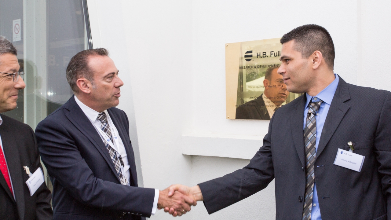 H.B. Fuller chief technology and innovation officer Hassan Rmaile (right) with local Mayor Marc Gricourt at the reopenng ceremony H.B. Fuller chief technology and innovation officer Hassan Rmaile (right) with local Mayor Marc Gricourt at the reopenng ceremony