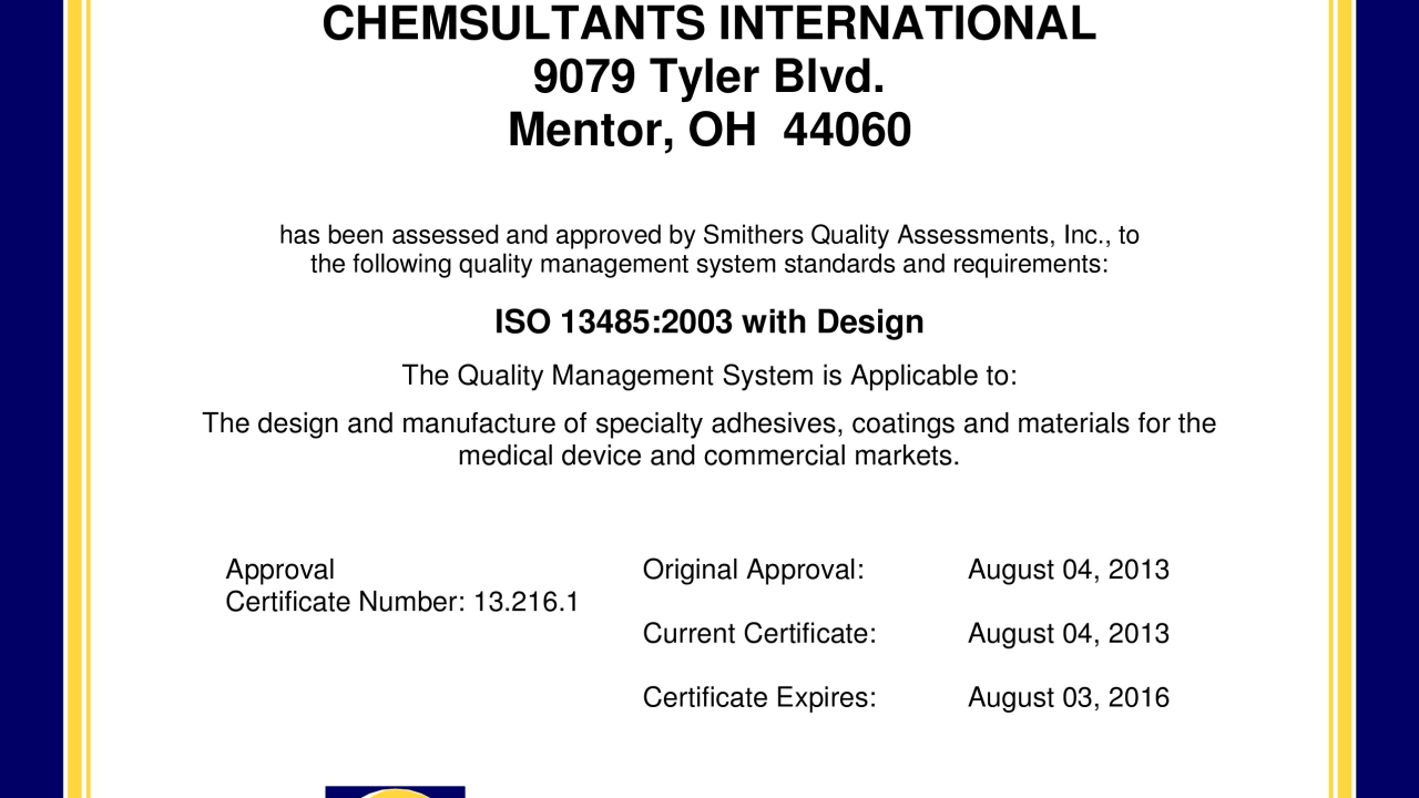 Chemsultants ISO 13845 certificate