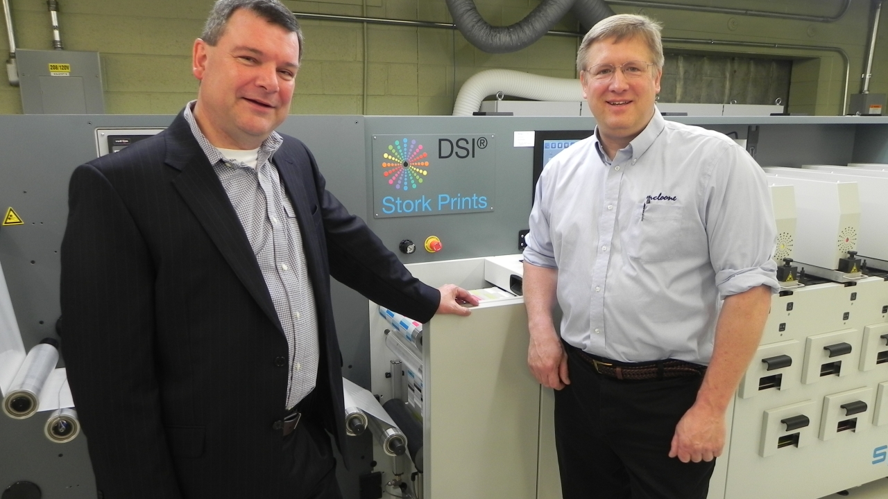 Edward Scheppink, managing director of SPGPrints America (left) and Keith Rosenthal, vice-president of manufacturing of McLoone, with the newly installed DSI press at the McLoone factory