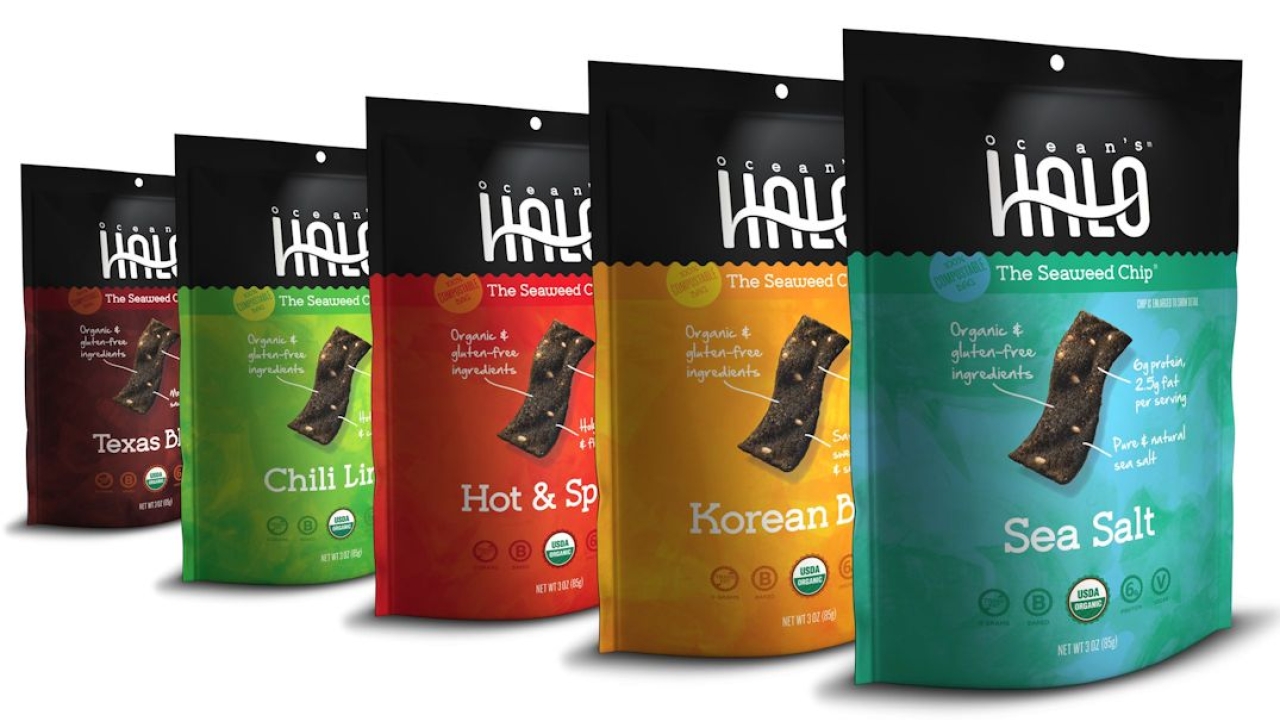 Packed in NatureFlex from Innovia Films, Ocean's Halo Seaweed Cips are made from only sustainably grown seaweed and other natural ingredients