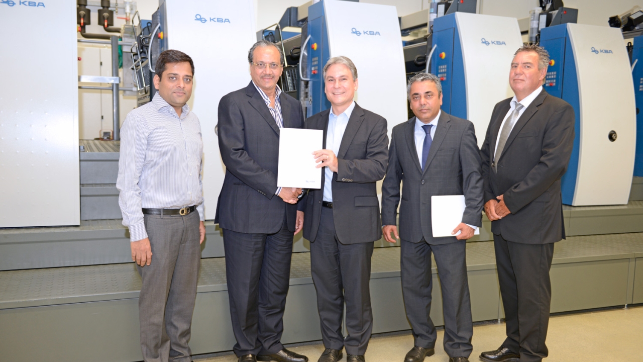 Pictured (from left): Adiya Surana, managing director of KBA sales partner IPM; Ramesh Kejriwal, chief executive officer of Parksons Packaging; KBA sales director Dietmar Heyduck; KBA sales manager Bhupinder Sethi; and KBA key account manager Jürgen Veil Pictured (from left): Adiya Surana, managing director of KBA sales partner IPM; Ramesh Kejriwal, chief executive officer of Parksons Packaging; KBA sales director Dietmar Heyduck; KBA sales manager Bhupinder Sethi; and KBA key account manager Jürgen Veil
