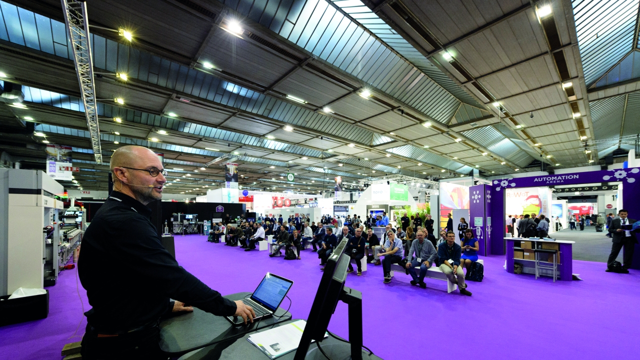 Cerm's Geert Van Damme leads the presentation in the Automation Arena feature area at Labelexpo Europe 2017