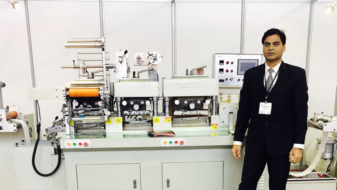 Sarfaraz Khan of Mark Enterprises with the Reborn machine at Labelexpo Europe