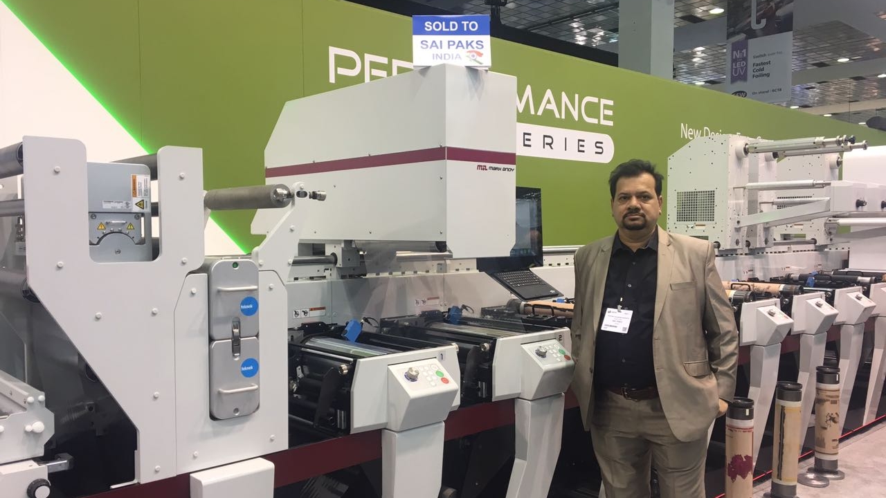 Deepan Samarth of Sai Paks with the new press at Labelexpo Europe 2017
