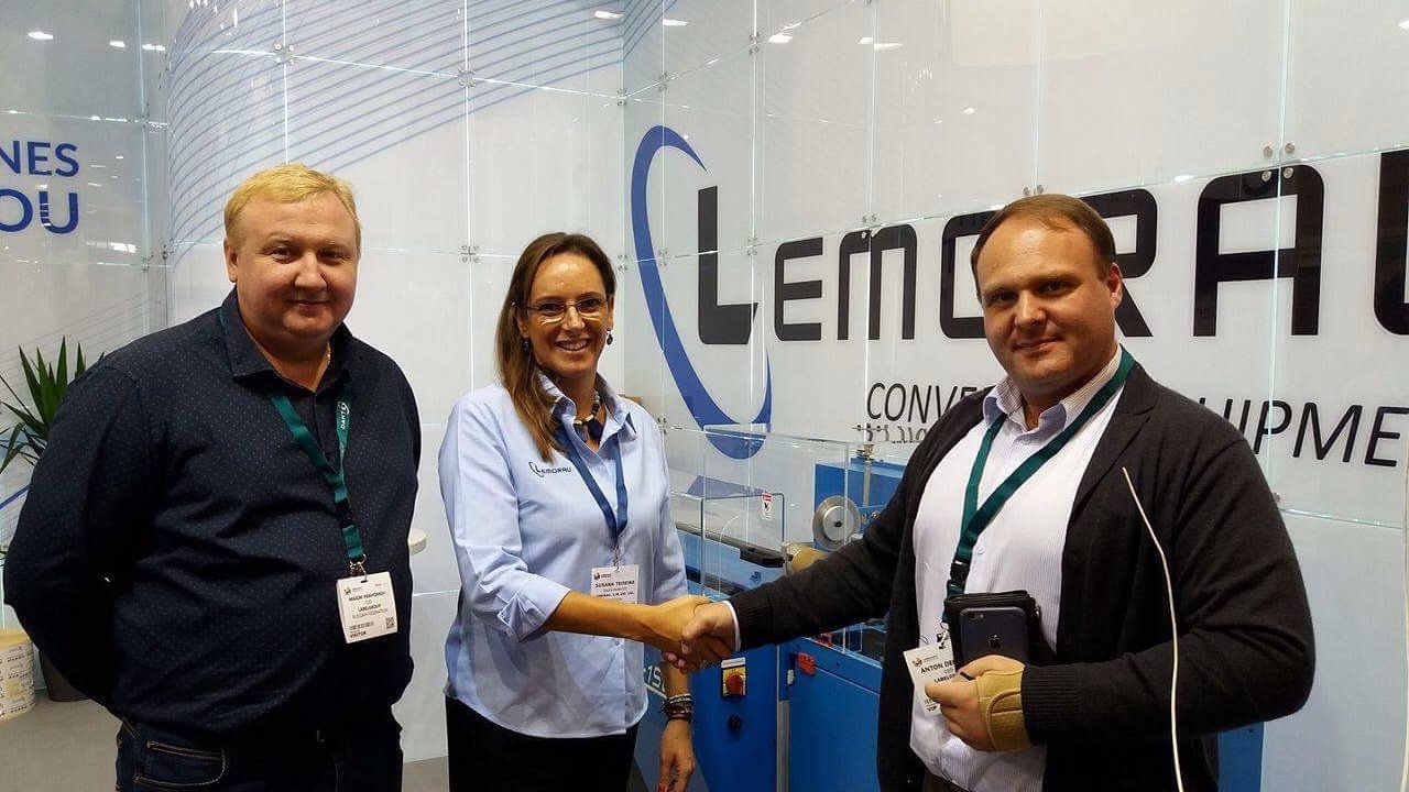 Pictured L-R: Maxim Pakhomov, CEO of LLC Label Group; Susana Teixeira, sales manager at Lemorau; and Denisov Anton, CEO of LLC Label Group