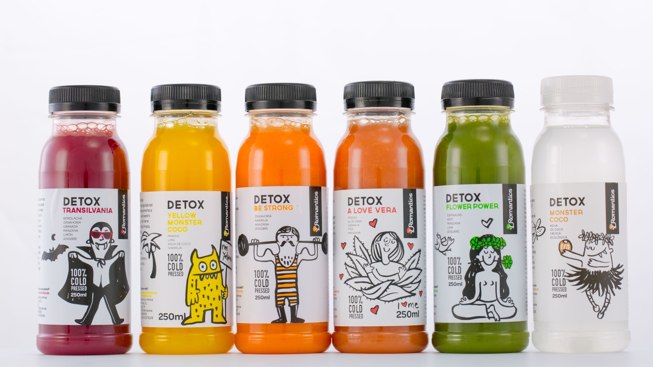 Romantics has more than 100 different label designs added to its products, and sells cold pressed juices at more than 3,000 points of sale in Spain Romantics has more than 100 different label designs added to its products, and sells cold pressed juices at more than 3,000 points of sale in Spain