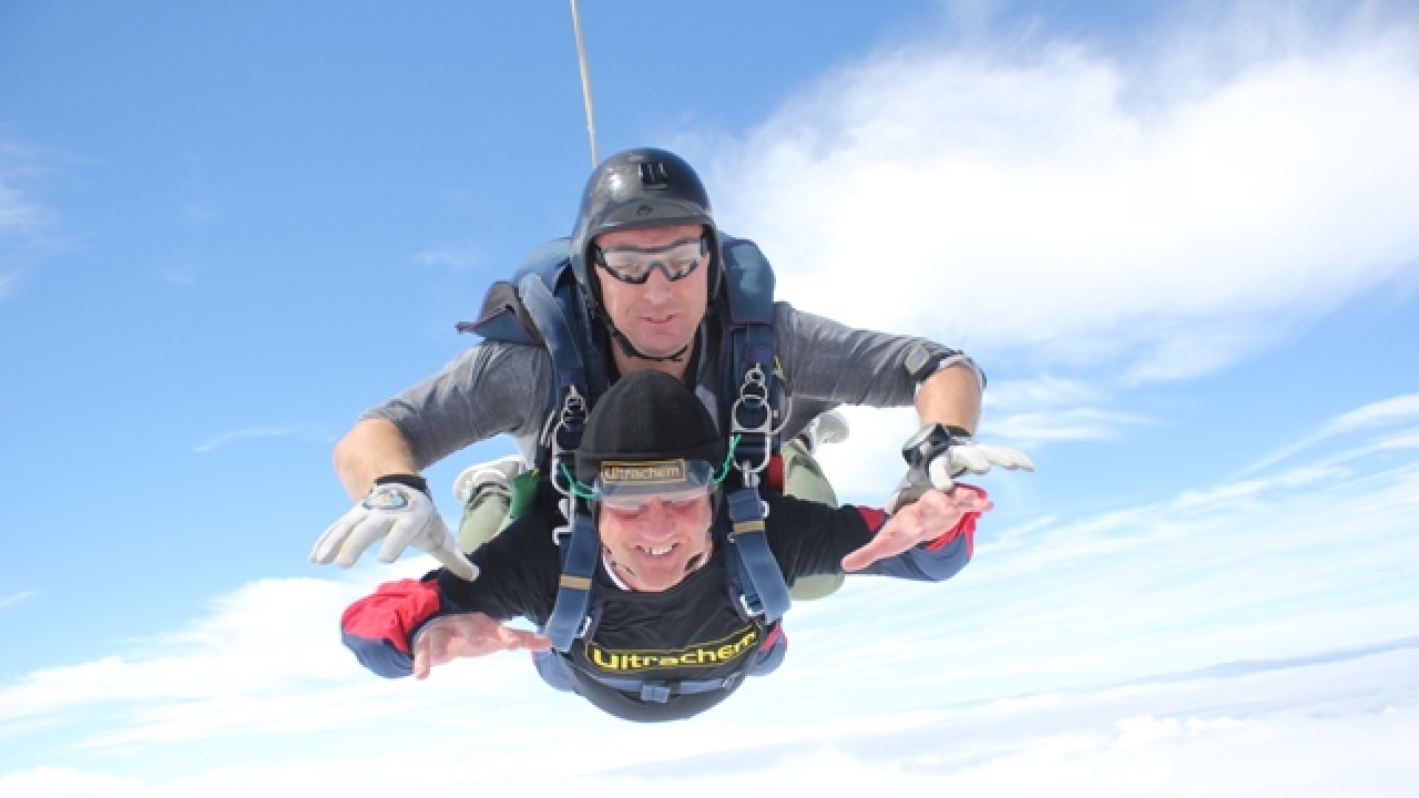 Terry Owens of Ultrachem has completed his fourth sky dive to raise money for leukaemia charities