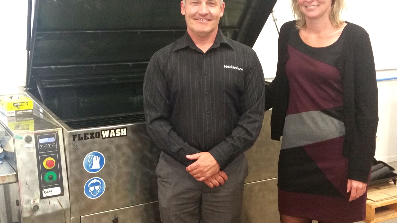 Wedderburn operations manager Gary Gibbon (left) with Flexo Wash international sales manager Mette Laursen (right) with the PK 160 parts washer Wedderburn operations manager Gary Gibbon (left) with Flexo Wash international sales manager Mette Laursen (right) with the PK 160 parts washer