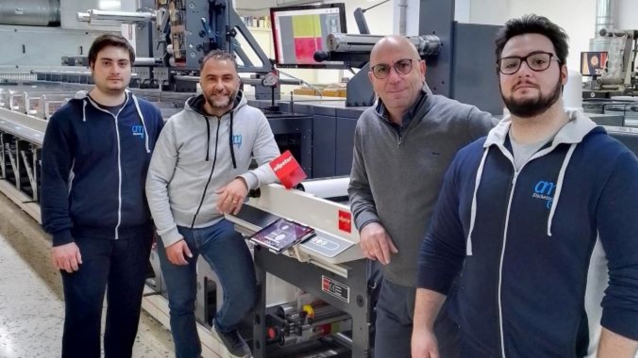 AM Etichette with the new Nilpeter FA-17. From L-R: Emmanuele JR Mussumarra, Andrea Mussumarra, Emanuele Mussumarra, and Marco Mussumarra.