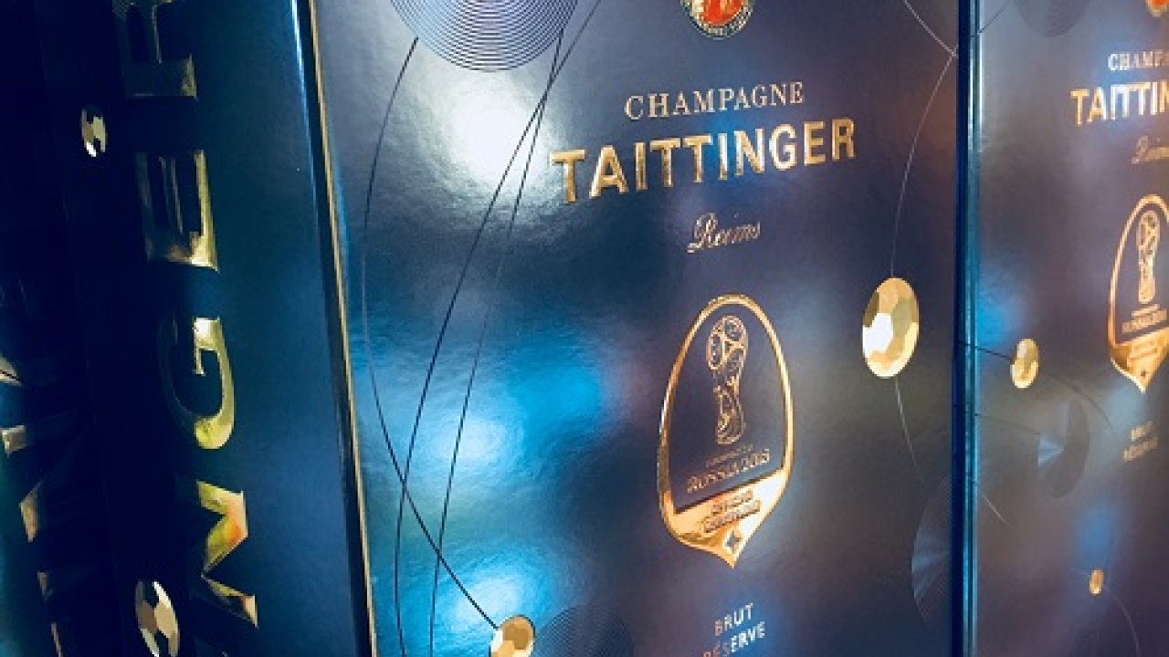 The Champagne Taittinger packaging design featured a blue and silver ‘cosmic theme’ to reflect the host country’s achievements in space