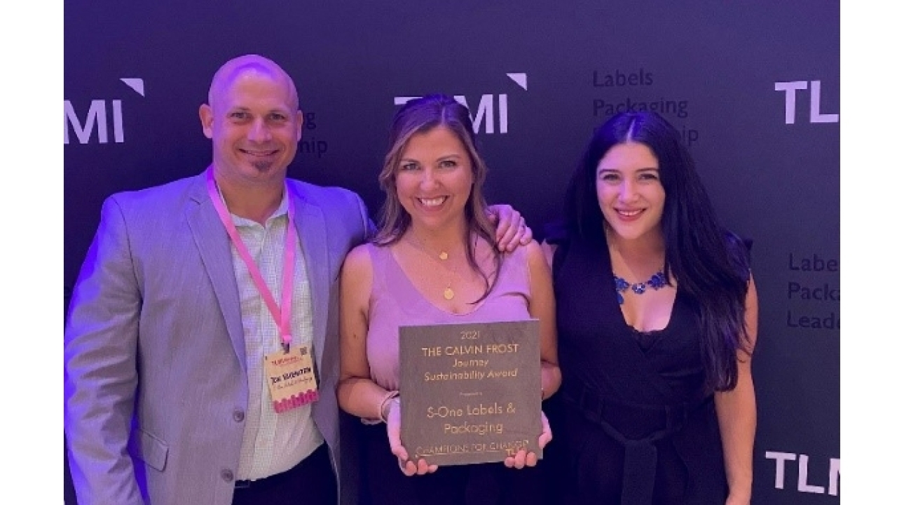 Accepting the award for S-One Labels & Packaging are, from left, Tom Hauenstein, VP of sales; Chelsea McDougall, senior content marketing manager, and Jessika Bustamante Meisner, technical sales