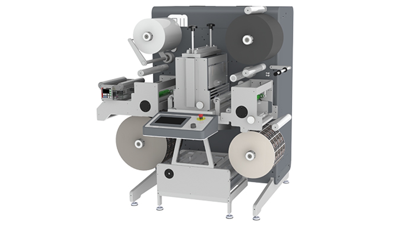 New Grafisk Maskinfabrik DC350Nano is an ultra-compact and cost-effective unit for self-adhesive lamination, semi-rotary die-cutting and length slitting of label web widths up to 350mm