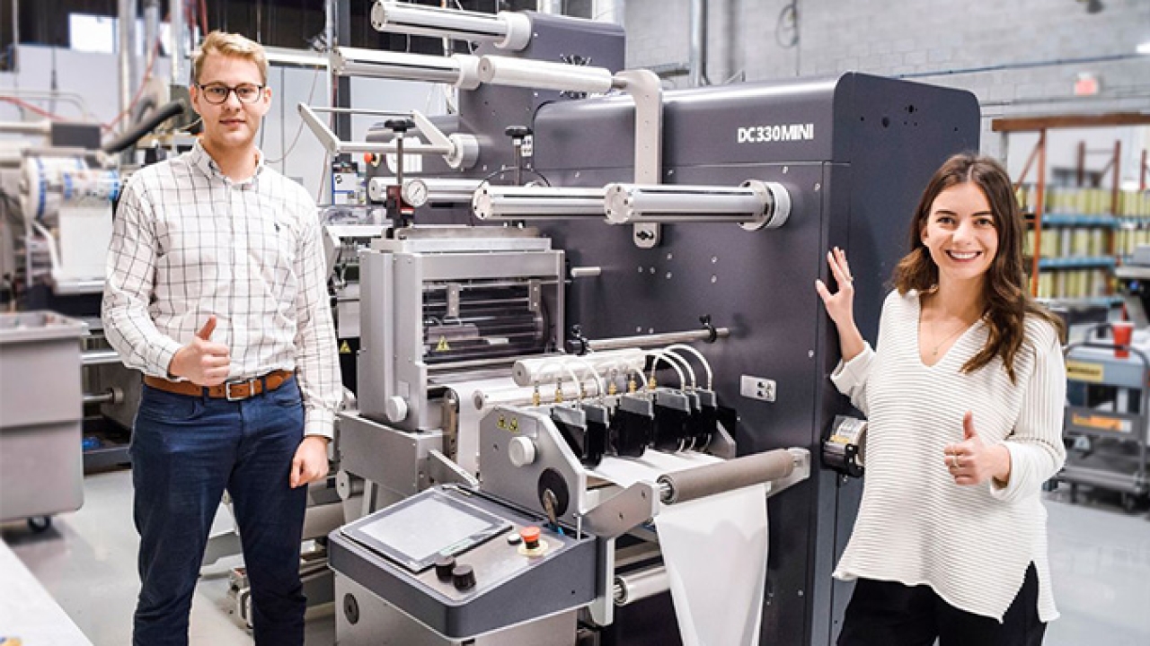 L-R: Shelden Hubbs, business development representative, and Deanne Sinclair, CEO of Cambridge Labels, in front of the newly installed DC330Mini