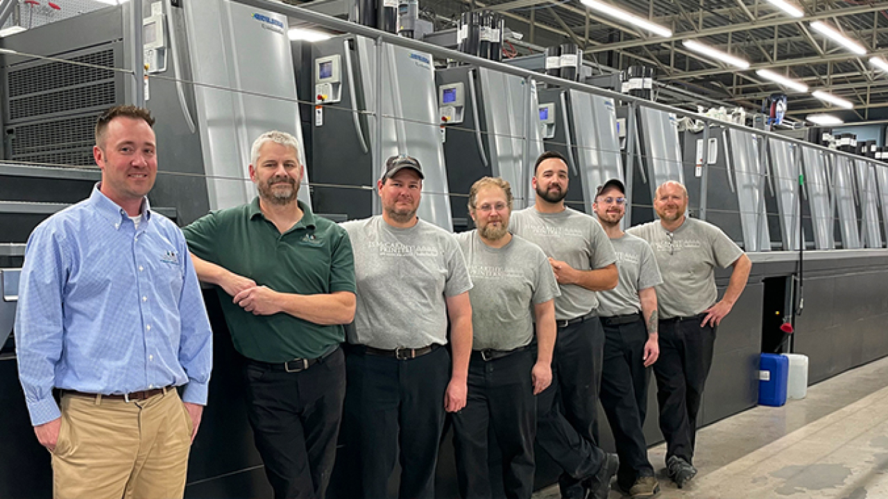 L-R: Jon Tardiff, president and CEO; Randy Robbins, pressroom manager; Scott Libby, pressman; Greg Giasson, pressman in training; Jordan Woolridge, pressman; Nick Tavernier, press helper and Jason Baird, pressman.