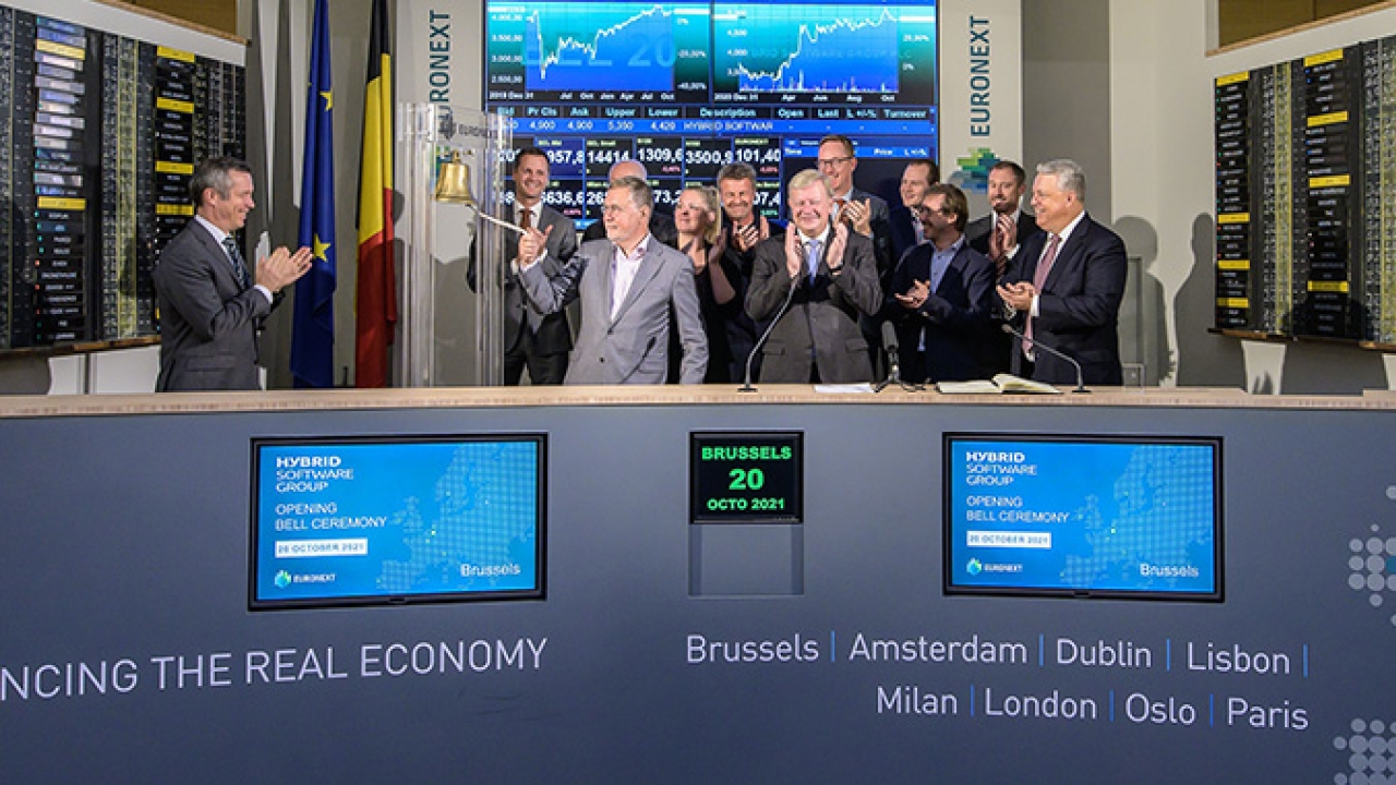 Hybrid Software Group has celebrated its change of name and corporate identity by ringing the bell to open trading at the Euronext Stock Exchange in Brussels