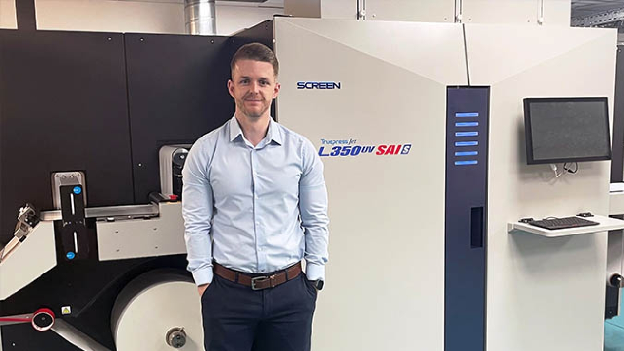 Nathan Williams, operations manager at Limpet Labels in front of newly installed Screen L350UV SAI S 7-color press