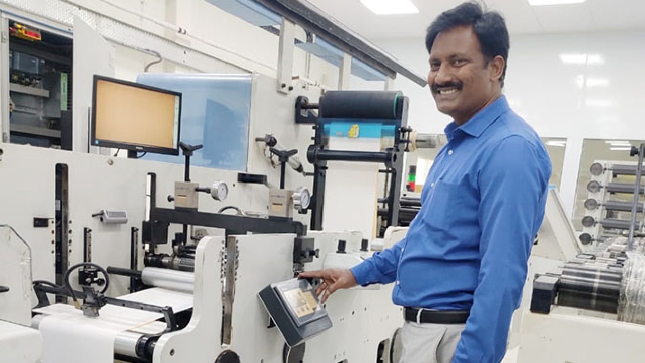 Muralidhar T, director of Medpack India with his Tecnocut E-Diff system for narrow web presses 
