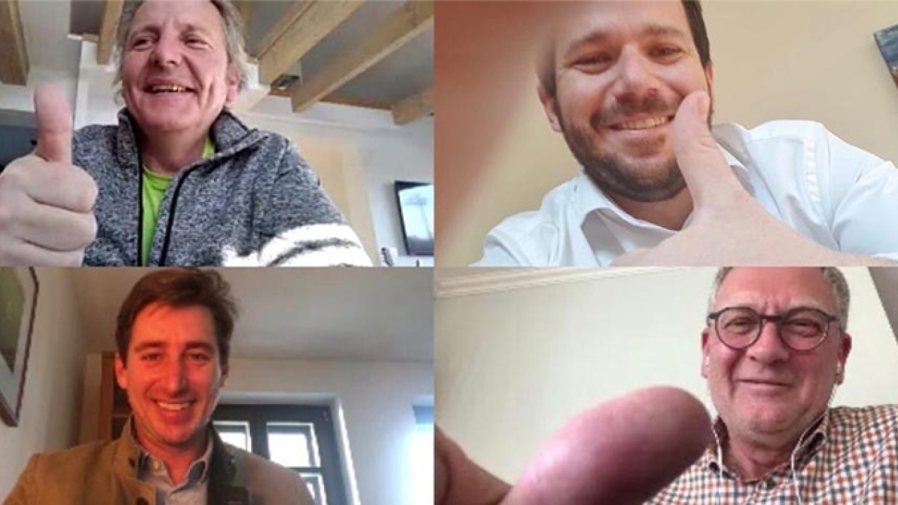 Martin Vogel, MPS agent; Rainer Ulrich and Florian Ulrich, directors at Ulrich Etiketten; and Bert van den Brink, co-founder of MPS put up their thumbs to sign the deal during the video call Martin Vogel, MPS agent; Rainer Ulrich and Florian Ulrich, directors at Ulrich Etiketten; and Bert van den Brink, co-founder of MPS put up their thumbs to sign the deal during the video call