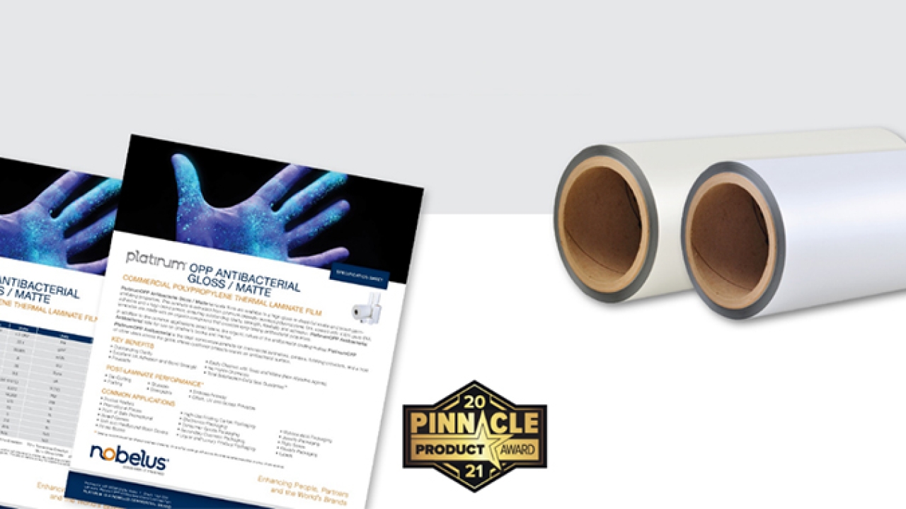 Nobelus as been recognized for its PlatinumOPP Antibacterial thermal laminate film by Printing United Alliance