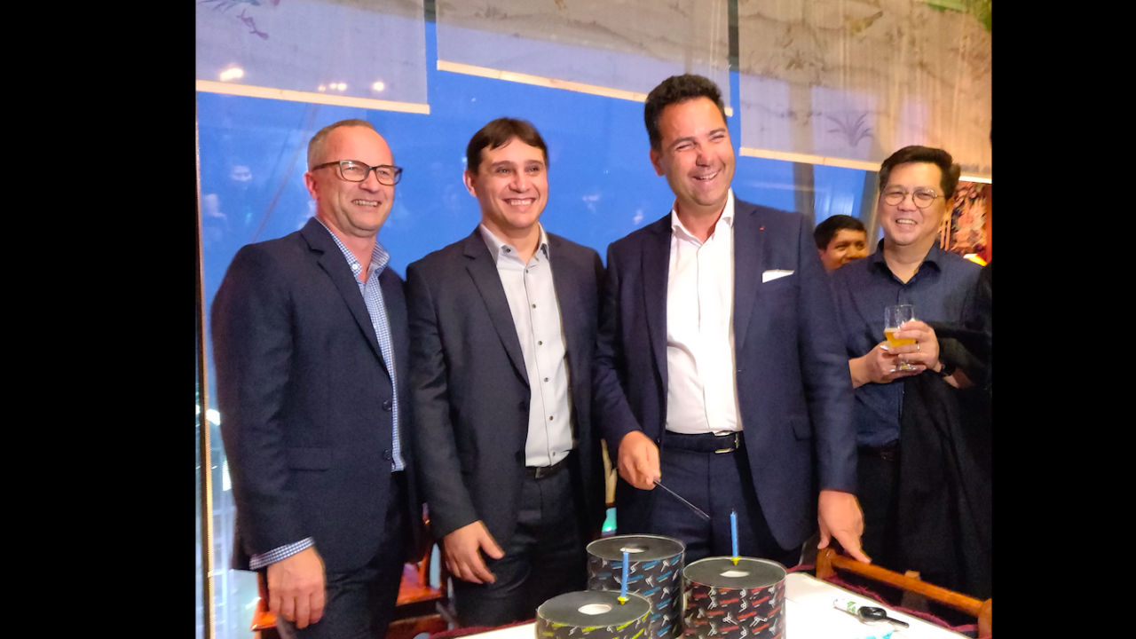 L to R: Mark Day, Wesley Alves and Hubert De Boisredon celebrating two successful decades of Armor Asia with employees and customers