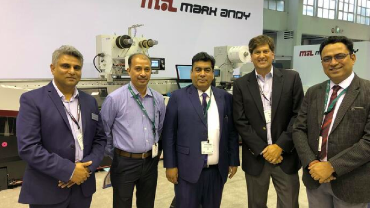  left to right: Manohar Dhugga, VP of Operations, Rotoflex, Mr. Arun, Zircon Technologies, Sanjeev Sondhi, Director of Operations, Zircon Technologies, Jason Desai, CEO, Mark Andy, Inc., Gourav Roy, Managing Director, Flexo Image Graphics at Labelexpo Europe 2019