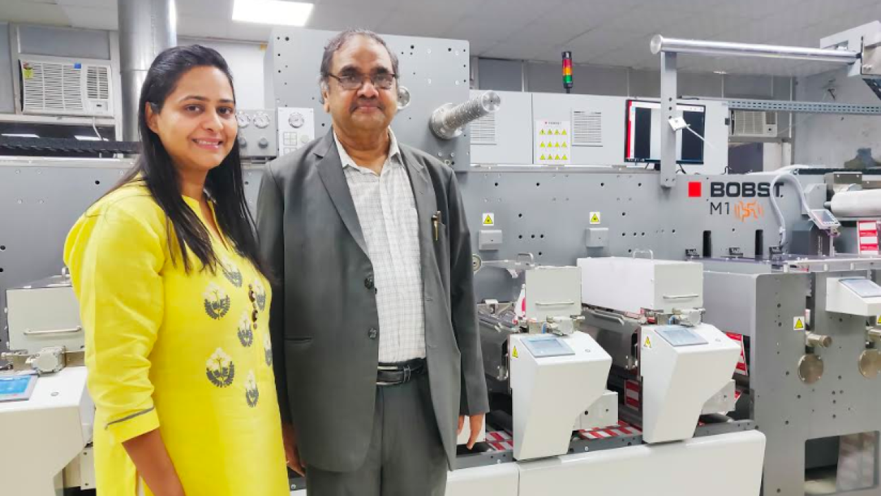 Deepak Gupta, CEO, Shree Lamipack (right) with Divya Gupta in front of the newly installed Bobst M1 Nova label printing press