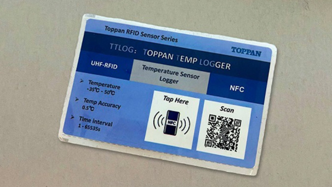 Toppan has developed a thin, card-sized temperature logger label that enables the temperature to be measured and recorded at regular intervals and data to be sent to a database via wireless networks