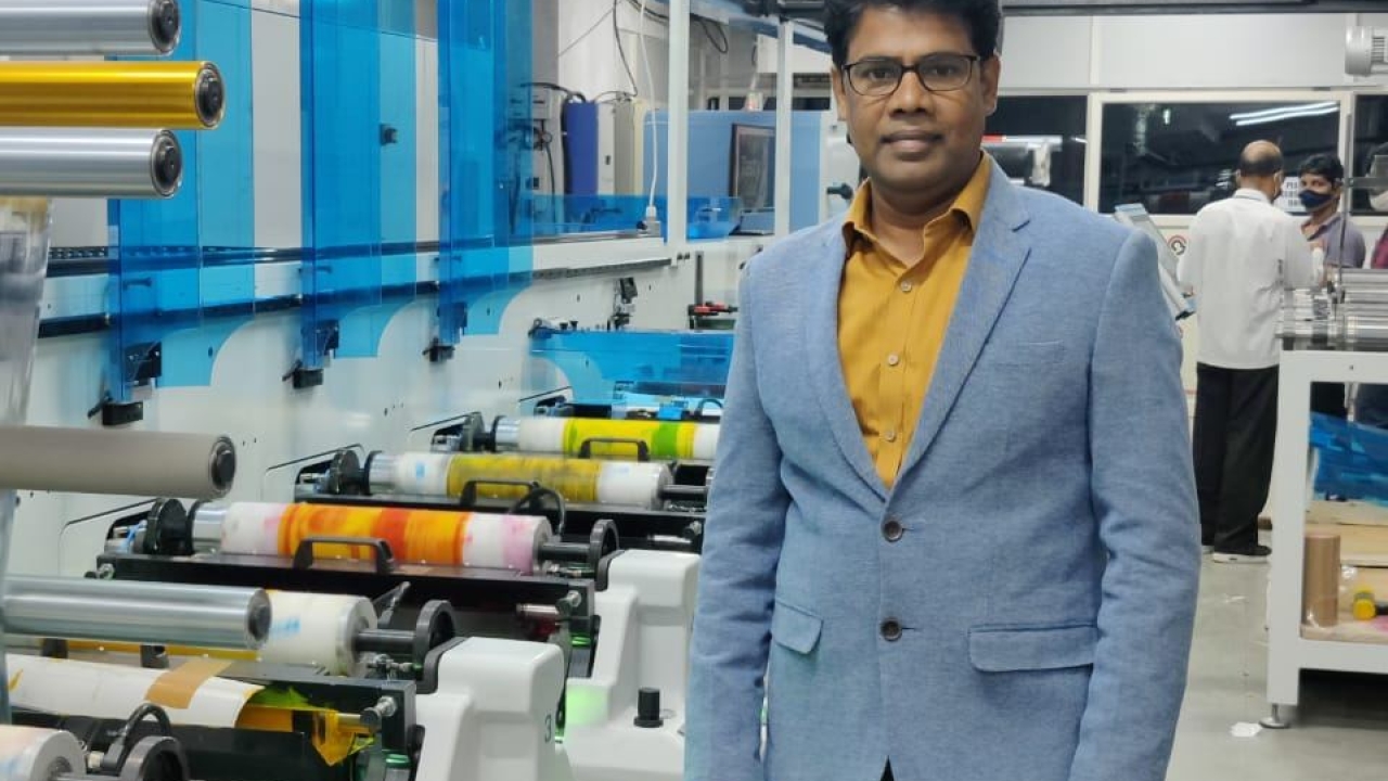 Karunakar, MD and CEO of Sreeven with the new 8-color Lombardi Synchroline 430 press