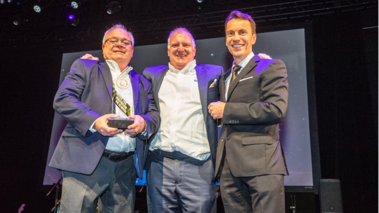 RotoMetrics won the Award for Innovation at the 2018 Label Industry Global Awards. L-R: Butch Schomber and Keith Laakko of RotoMetrics, and Guillaume Clement of Flint Group