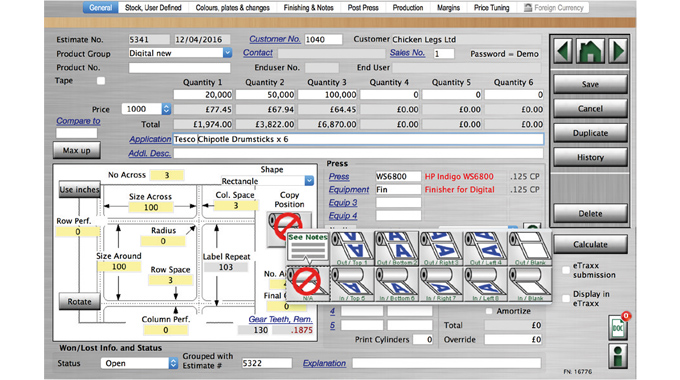 Figure 1.4 Label Traxx Online label estimate process showing items such as quantity, wind direction, size, press and price per thousand
