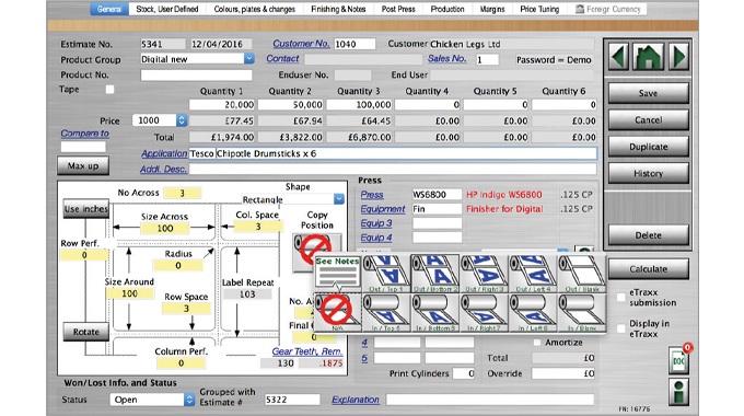 Figure 2.3 Label Traxx Online estimate process showing items such as quantity, wind direction, size, press and price per thousand
