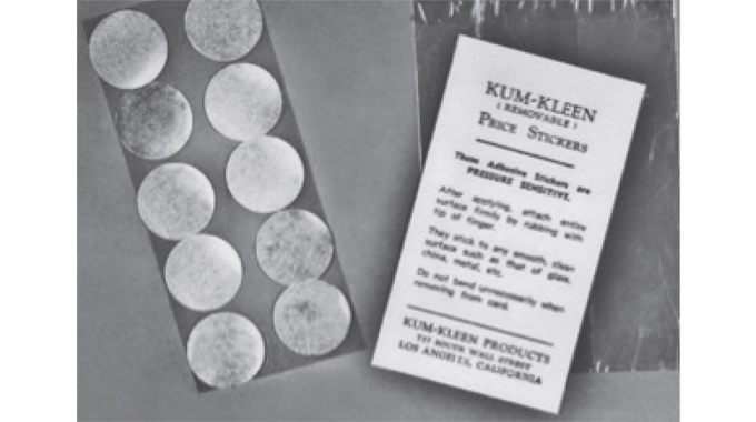 Figure 4.1 Early Kum-Kleen pressure sensitive labels, first produced in Europe by Sessions of York in 1938