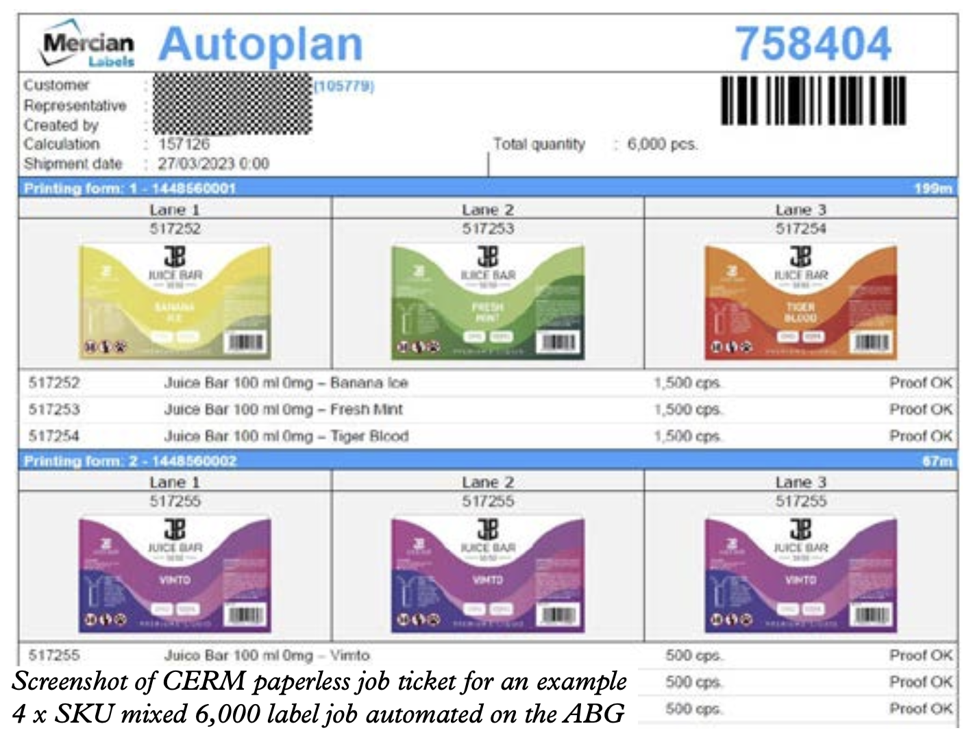 Screenshot of CERM paperless job ticket for an example 4 x SKU mixed 6,000 label job automated on the ABG