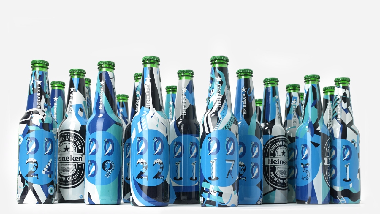 Forgot’s specially commissioned artwork for the Heineken bottles features 10 numerals as well as icons and seed patterns, with a design aesthetic inspired by the Yellow Submarine animated film Forgot’s specially commissioned artwork for the Heineken bottles features 10 numerals as well as icons and seed patterns, with a design aesthetic inspired by the Yellow Submarine animated film